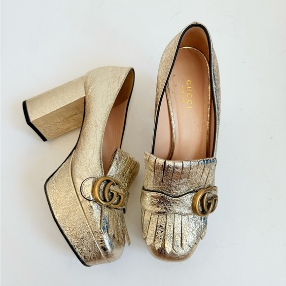 Gucci Metallic Gold Marmont GG Platform Platino Fringe Logo Block Heel pumps37.5 - Picture 1 of 11